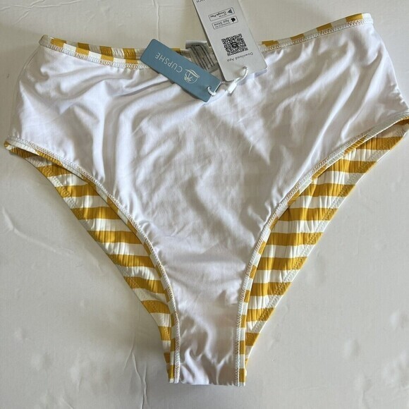 CUPSHE Swim Bottoms Size L Yellow and White Striped High Waisted Textured - Picture 9 of 14